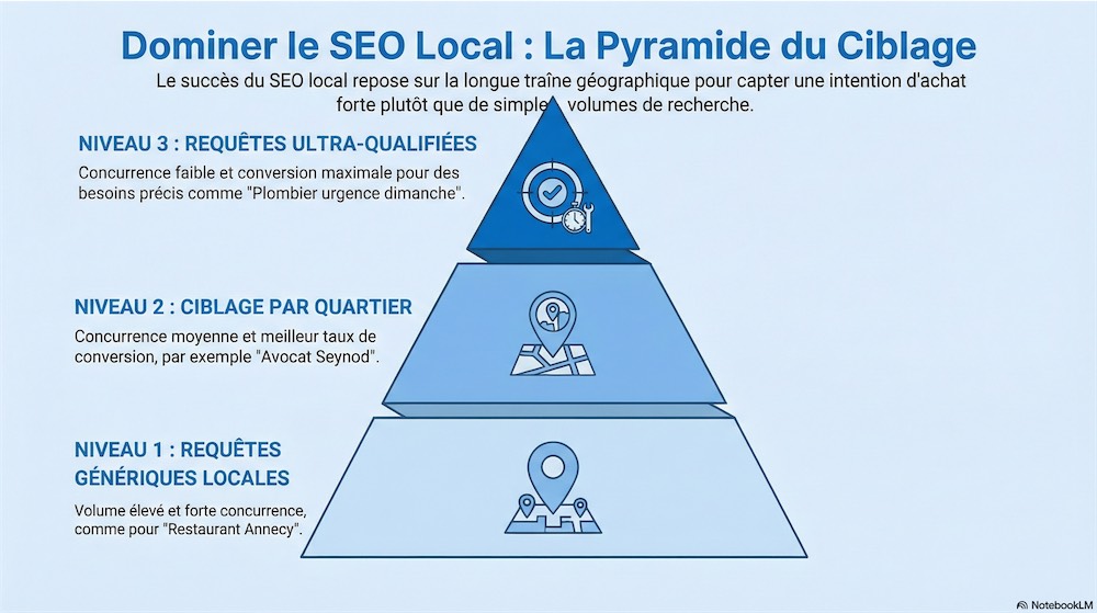 Schéma qui représente la pyramide du ciblage en seo local