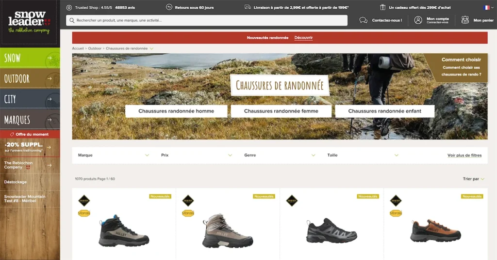 capture d'écran d'une page de catégorie du site web Snowleader