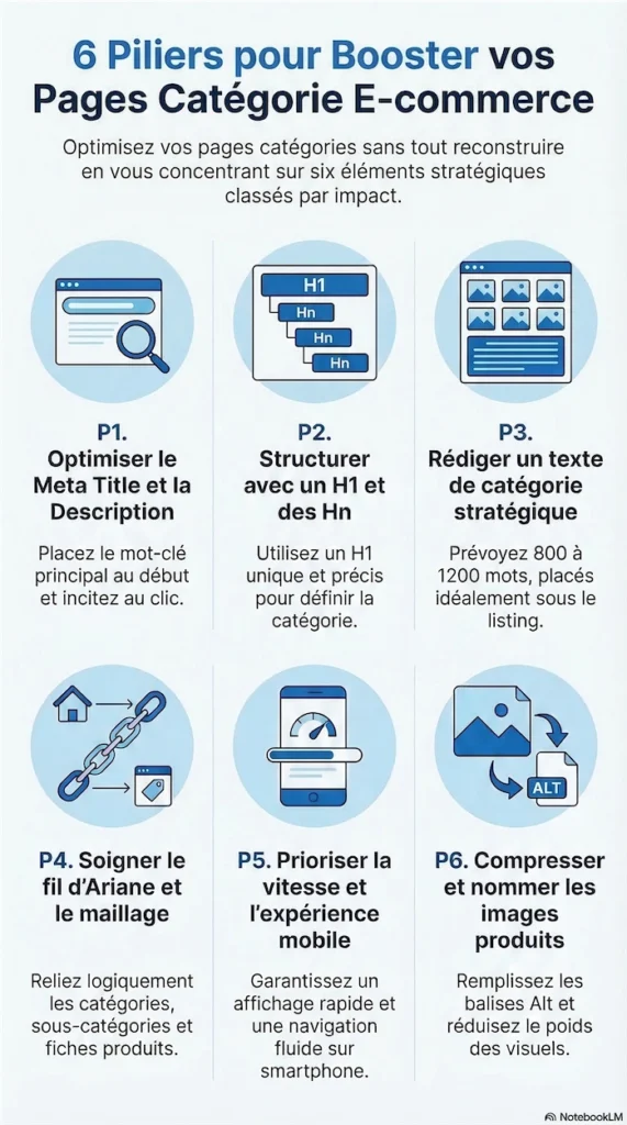 Infographie sur les 6 éléments clés pour optimiser une page catégorie en e-commerce